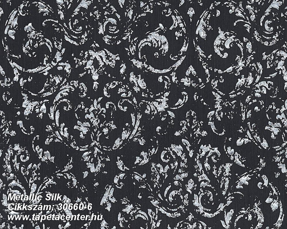 Barokk-klasszikus,csillámos,különleges felületű,különleges motívumos,valódi textil,ezüst,fekete,vlies tapéta 